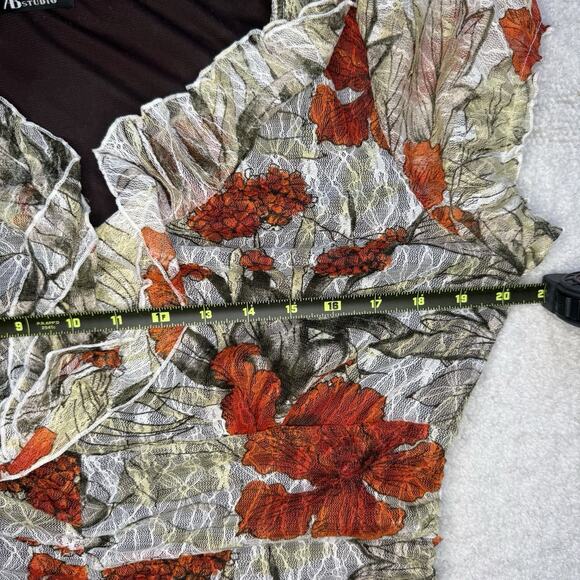 AB Studio Y2K Ruched Floral Mesh Top Fairy Grunge Ruffle Romantic Stretch XL - Picture 10 of 15